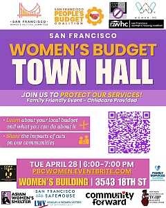 Flyer for the San Francisco Women's Budget Town Hall on April 28, promoting local budget education and service protection, with childcare provided, at the Women's Building, 3543 18th St.