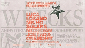 Event poster for Texture Summit & Public Works featuring artists Luca Lozano, Mr. Ho, Solar & Mozhgan, Joe Fro, and Onemohit. Date listed as 04.06.24.