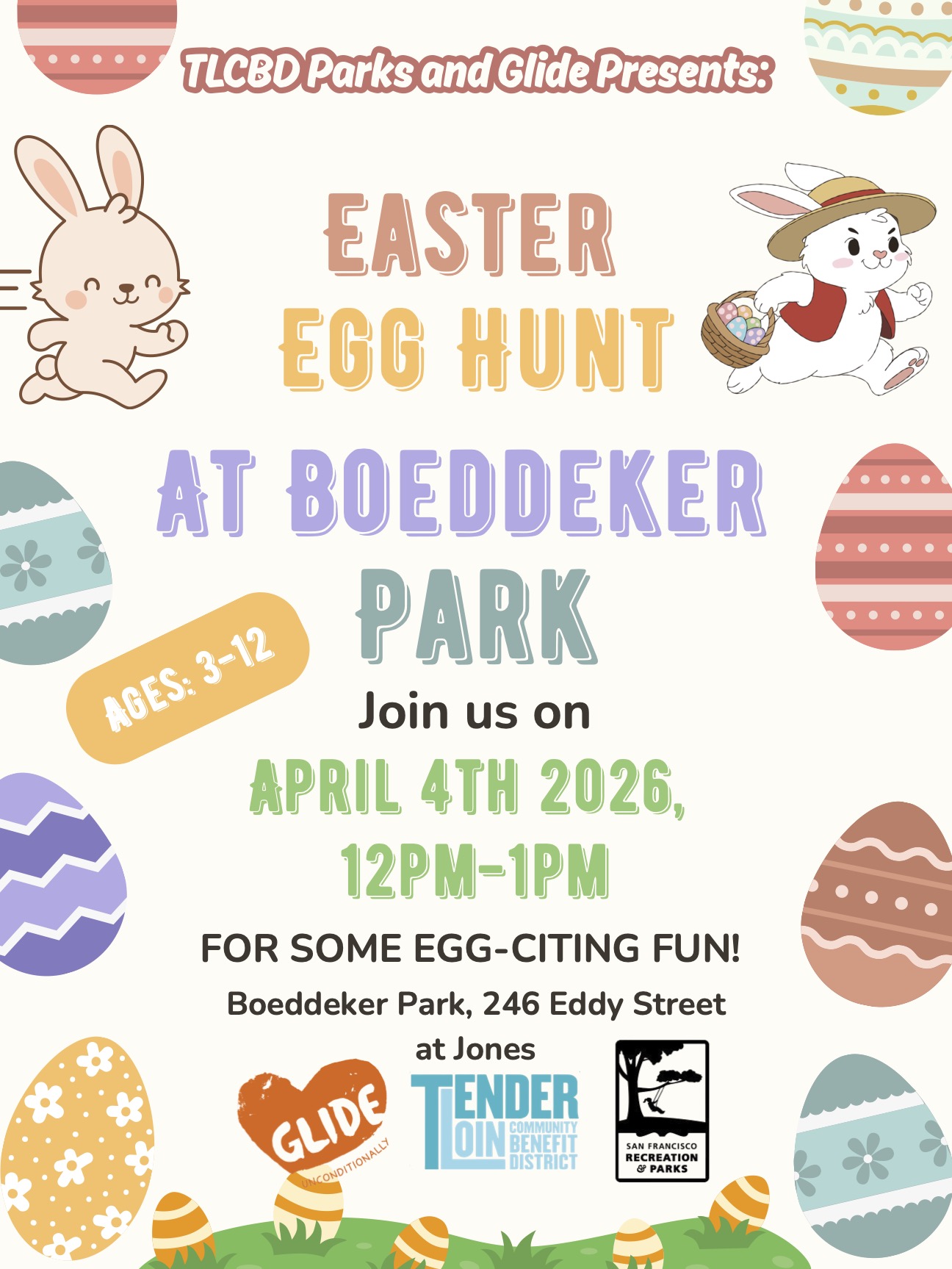 Easter Egg Hunt event flyer with cartoon bunnies, eggs, and event details for April 4th, 2026, at Boeddeker Park, for ages 3-12.