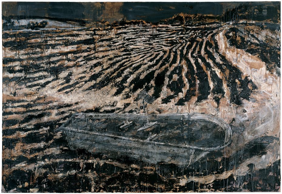 A textured painting shows a boat in the foreground with dark, furrowed fields stretching to the horizon under a somber, overcast sky.