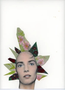 Collage of a woman's face with colorful paper cutouts resembling flower petals arranged around her head on a plain white background.