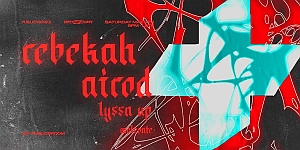 Abstract graphic with red and black background, bold angular text reading "Rebekah Airco" and "Lyssa En," and a light blue cross shape overlaid with white scribbles.