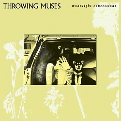 Album cover for "Moonlight Concussions" by Throwing Muses; features a person and a dog sitting in the back of a car, with the person raising a hand to block the camera.