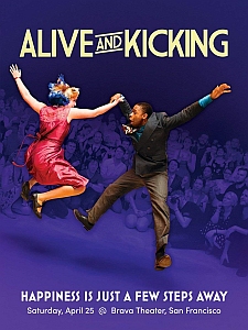 Poster for "Alive and Kicking" showing a woman in a red dress and a man in a blue suit swing dancing energetically with a crowd in the background.