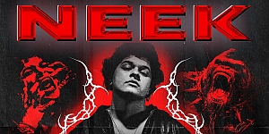 A person stands in the center with a serious expression, flanked by distorted faces on each side, under bold red text that reads "NEEK" on a dark background.