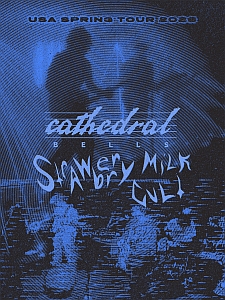 Blue-toned tour poster for Cathedral Bells' 2023 USA Spring Tour featuring Strawberry Milk Cult, with band names and figures visible over a textured background.
