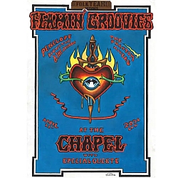 Concert poster for Flamin Groovies at The Chapel, April 21, 2024, featuring a flaming heart with a dagger and band names Penelope Houston & The Avengers and The Chuckle Chumps.