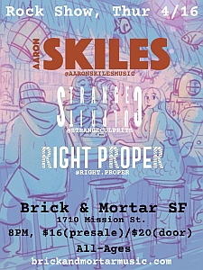 Concert poster with band names "Aron Skiles," "Strange Culprits," and "Right Proper." Event at Brick & Mortar SF on 4/16, 8PM. Ticket prices and address listed.