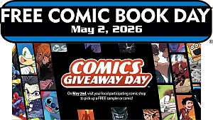 Banner for Free Comic Book Day on May 2, 2026, featuring various comic book characters and the phrase "Comics Giveaway Day".