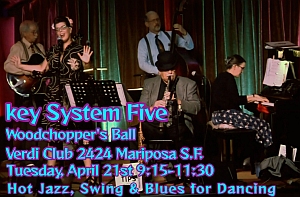 Five musicians perform on stage with various instruments, including piano, guitar, and double bass. Event details and band name "Key System Five" are displayed in colorful text.