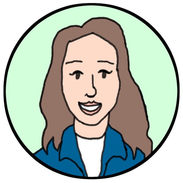 A hand-drawn portrait of a smiling person with long brown hair, wearing a blue jacket and white shirt, set against a light green circular background.