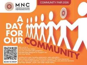 Orange flyer for "A Day for Our Community" fair by MNC, featuring white paper doll figures, event details, QR code to RSVP, and description of available support services.