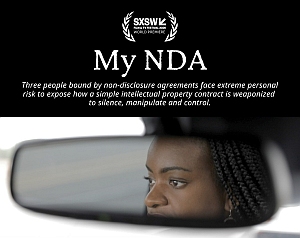 A woman’s face is seen in a car’s rearview mirror below text about a film titled "My NDA" that discusses the risks of non-disclosure agreements.