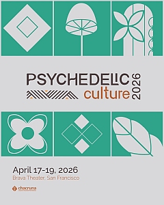 Event poster for "Psychedelic Culture 2026," held April 17-19, 2026, at Brava Theater, San Francisco, featuring geometric plant designs.