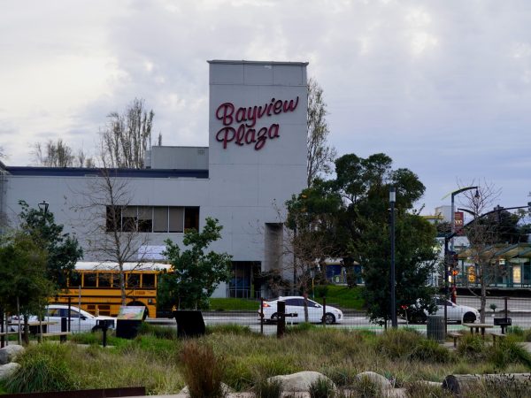 The exterior of Bayview Plaza shopping center with trees and a yellow school bus visible in the foreground on a cloudy day.