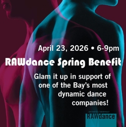 Poster for RAWdance Spring Benefit on April 23, 2026, from 6–9pm, featuring silhouettes of two people and event support details.