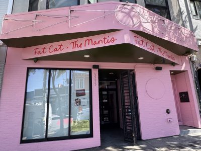 A pink building with the sign "Fat Cat x The Mantis" above the entrance, featuring geometric accents and a glass door.