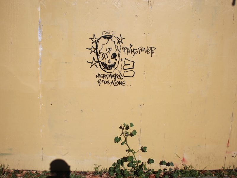 Graffiti of a skull with a halo and stars, text reads "Spring Fever" and "Nightmares Ride Along" on a yellow wall with a plant and shadow at the bottom.