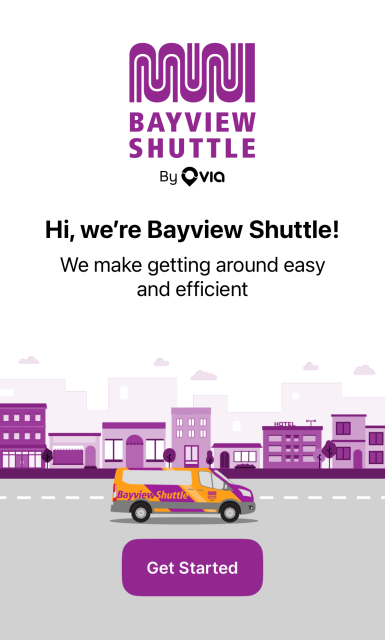 Bayview Shuttle app welcome screen showing a cityscape, a Bayview Shuttle van, and a "Get Started" button at the bottom.