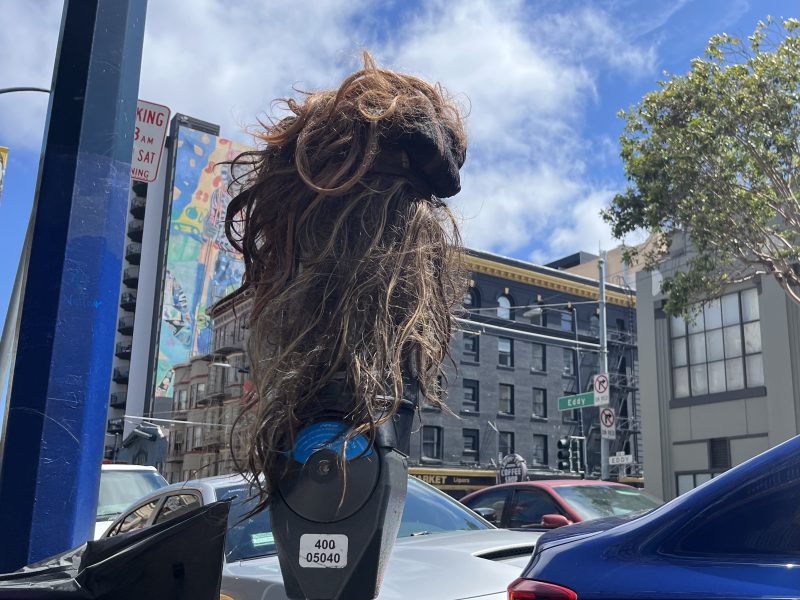 A long, tangled brown wig is placed on top of a parking meter on a city street under a blue sky.