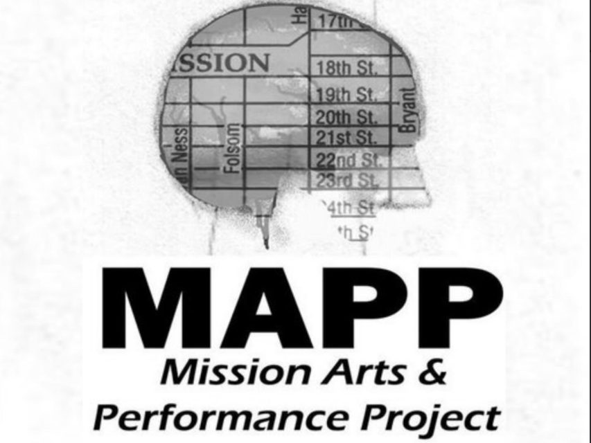 Logo for "MAPP Mission Arts & Performance Project" featuring a map of San Francisco’s Mission District inside a silhouette of a head.