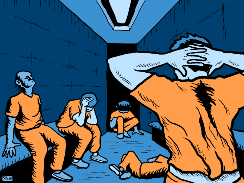Four people in orange prison uniforms sit or stand in a blue jail cell, some holding their heads in apparent distress or exhaustion.
