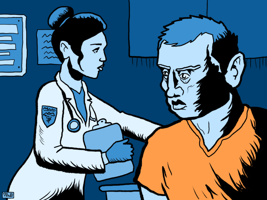 A healthcare worker in a lab coat holds a clipboard and speaks to a seated man in an orange shirt inside a medical office.