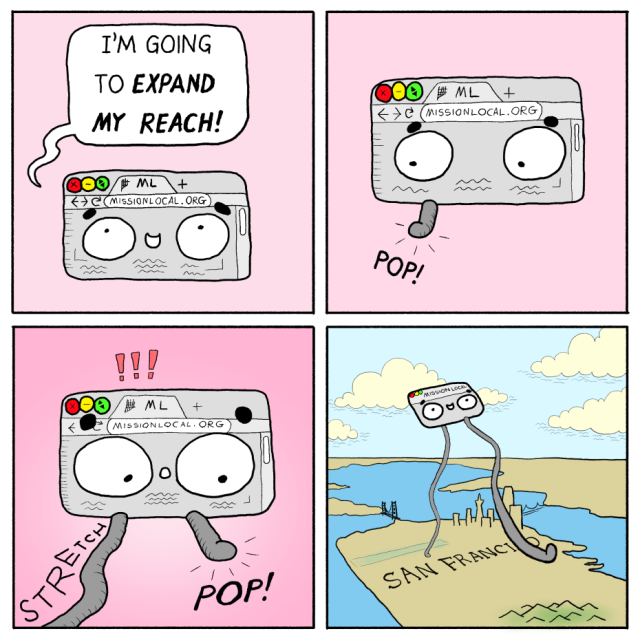 A cartoon web browser window grows long legs to "expand its reach" and walks from land across the water toward San Francisco.