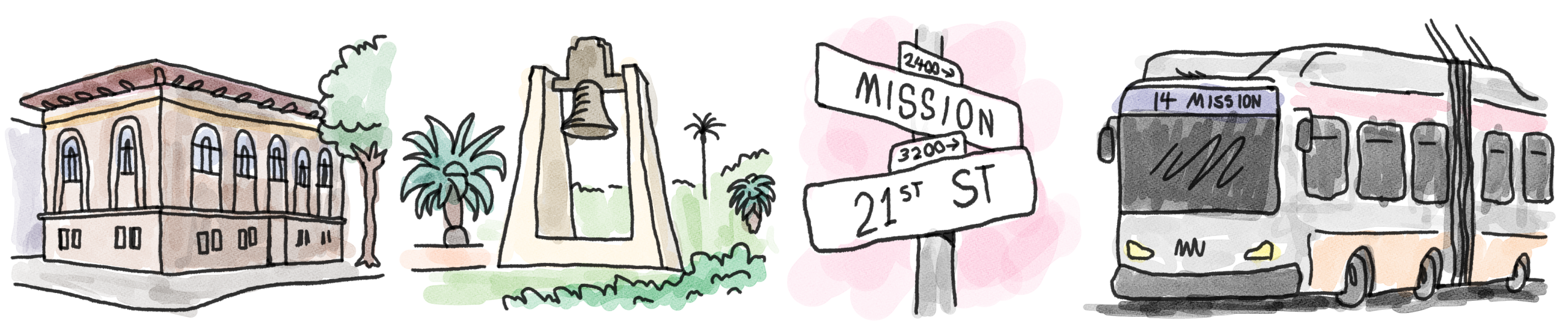 Illustration of a building, a bell monument, a street sign for Mission and 21st St, and a city trolleybus.