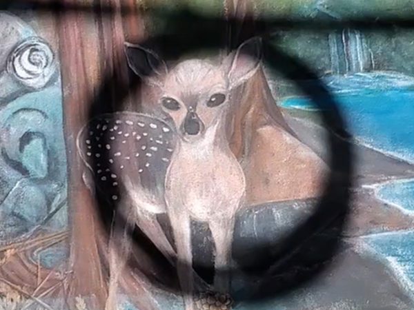 A painted image of a young deer standing in a forest is partially obscured by a dark circular shadow in the foreground.