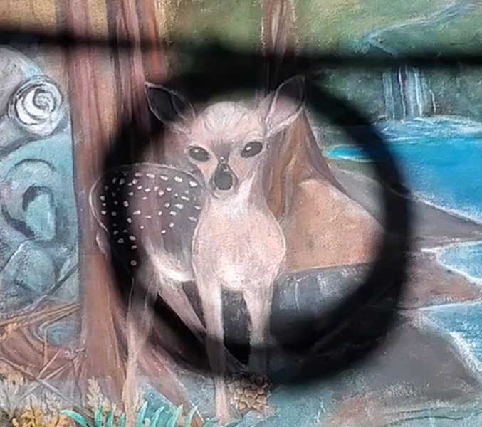 A mural of a fawn with white spots standing in a forest near water, partially covered by a dark circular shadow.