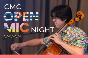 A person wearing a floral shirt plays the cello next to text that reads "CMC Open Mic Night.