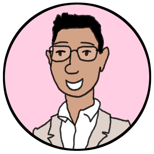 Cartoon illustration of a person with short black hair, glasses, and a beige suit jacket over a white shirt, smiling against a pink circular background.