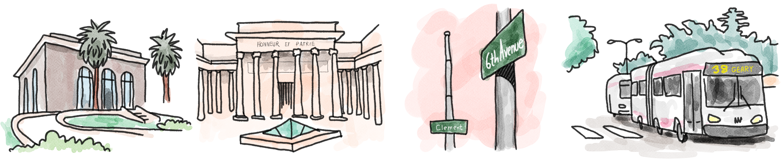 Illustration of a library, a museum, a street sign reading “Clement,” and a city bus labeled “43” driving down a tree-lined street.