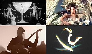 A collage of four images: women dancing in a giant martini glass, a woman with a guitar, a person playing a stringed instrument, and an abstract colorful design.