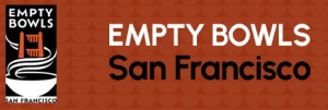 Logo for "Empty Bowls San Francisco" featuring a stylized bridge and bowl graphic on a red background with wave patterns.