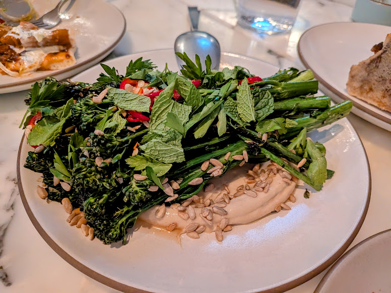 A plate of broccolini topped with fresh mint, parsley, sliced red chili, and sunflower seeds on a bed of hummus.