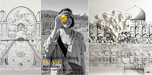 A triptych featuring two detailed architectural drawings on either side of a black-and-white photo of a woman holding a yellow fruit up to one eye. Exhibition information is overlaid.