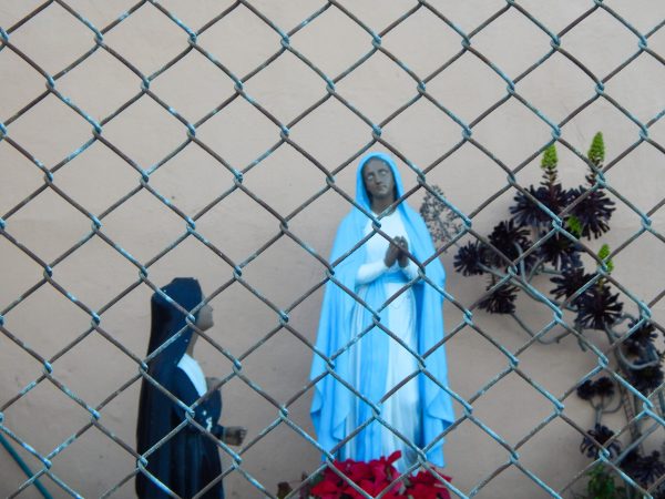 Two religious statues, one in a blue and white robe and the other in black, stand behind a chain-link fence against a beige wall with some plants nearby.