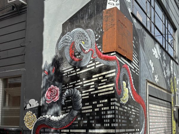 A mural on a building wall depicts a snake and a black cat with glowing eyes climbing city buildings, with the snake holding a rose in its tail.