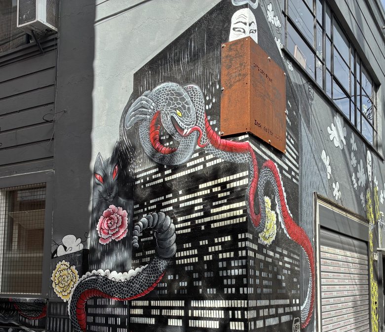 Mural on a city building showing a snake coiled around a skyscraper, with a cat holding a flower and a face above, partially obscured by a metal box.