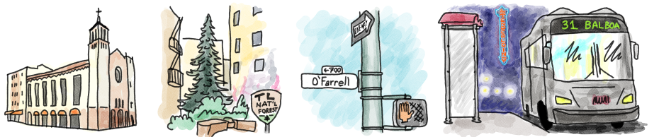 Illustration of a church, a tree with a "Wait, Forest" sign, a street sign for O'Farrell, a bus stop, and a 31 Balboa city bus.