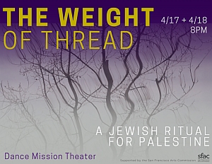 Poster for "The Weight of Thread: A Jewish Ritual for Palestine," with event dates, time, and venue over a background of bare tree branches.