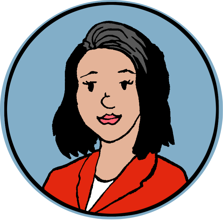 Illustration of a woman with medium-length black hair, wearing a red blazer over a white top, shown inside a blue circular frame.