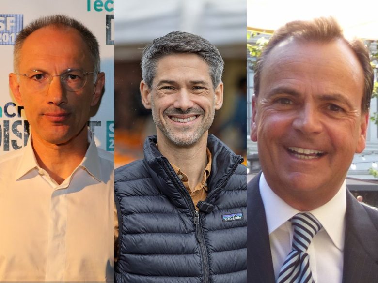 Three men are pictured side by side; the first wears glasses and a white shirt, the second is smiling in a jacket, and the third is in a suit and tie, all facing the camera.