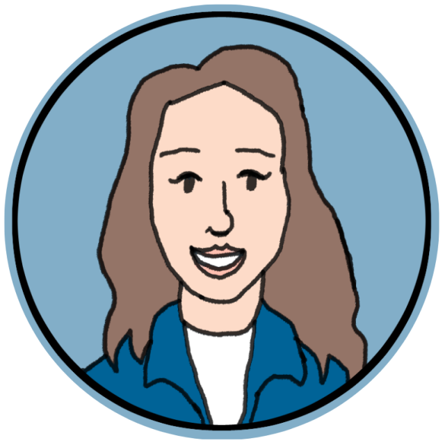 A simple, hand-drawn illustration of a smiling woman with long brown hair, wearing a blue jacket over a white shirt, inside a blue circular border.
