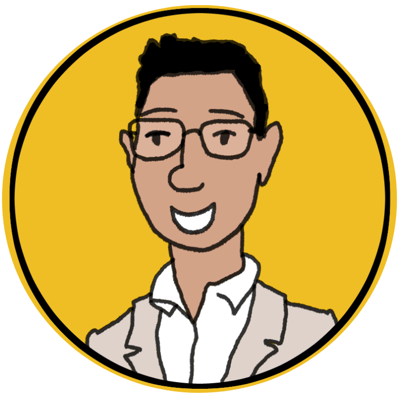 Illustration of a smiling person with short black hair, glasses, and a beige suit jacket over a white shirt, set against a yellow circular background.
