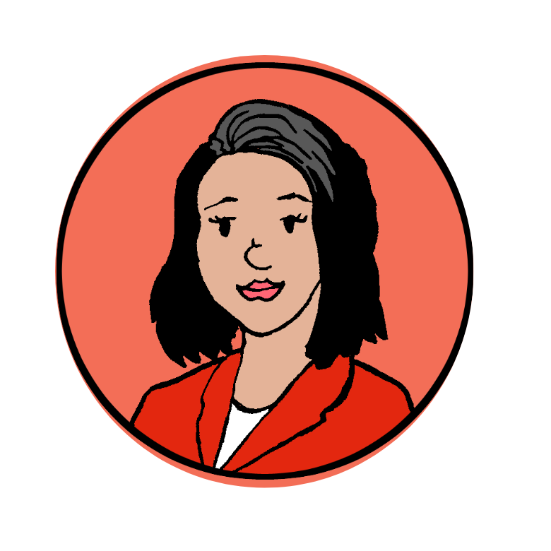 Illustration of a woman with black hair wearing a red blazer inside a red circular frame, on a white background.
