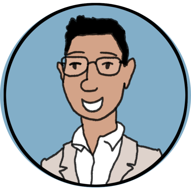 A cartoon illustration of a smiling person with short dark hair, glasses, and a beige suit jacket over a white shirt, set against a blue circular background.