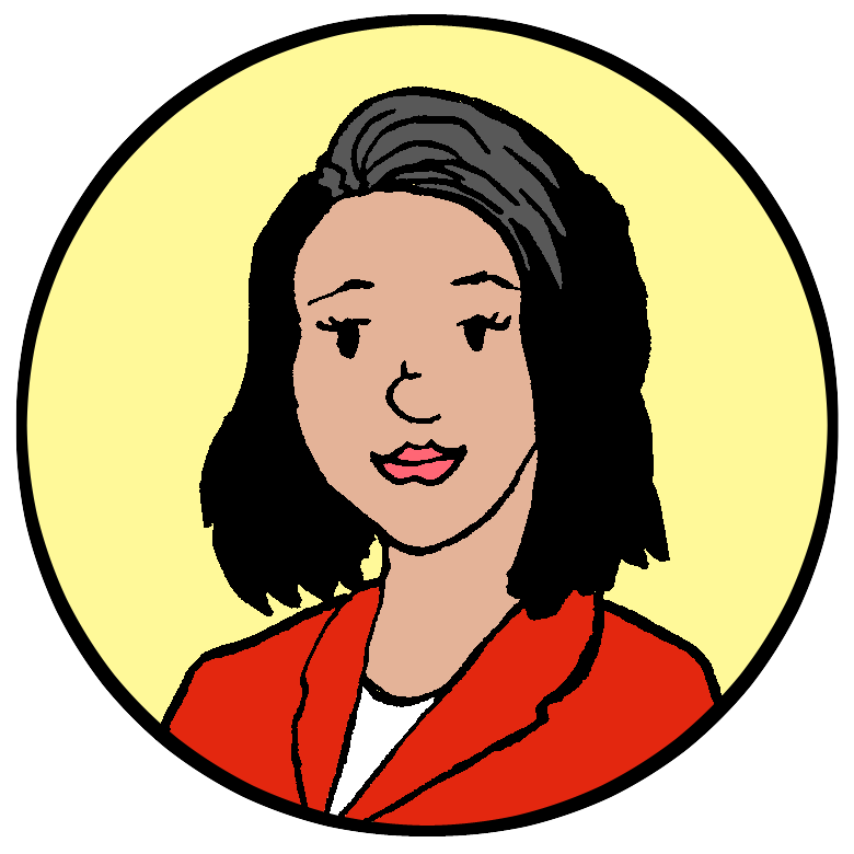Illustration of a woman with medium-length black hair, wearing a red blazer and white shirt, shown inside a yellow circle.